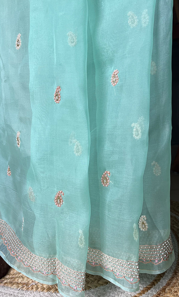 Women's Lucknowi Handcrafted Pure Organza Silk Chikankari Saree - HONC0287002