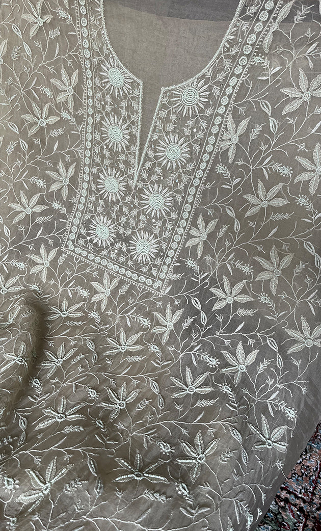 Women's Lakhnavi Handcrafted Pure Organza Chikankari Unstitched Kurta And Dupatta Set- HONC0319969