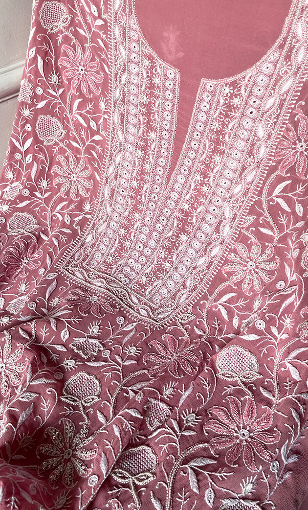Women's Lakhnavi Handcrafted Pure Silk Georgette Chikankari Kurta And Dupatta Set- HONC0291005