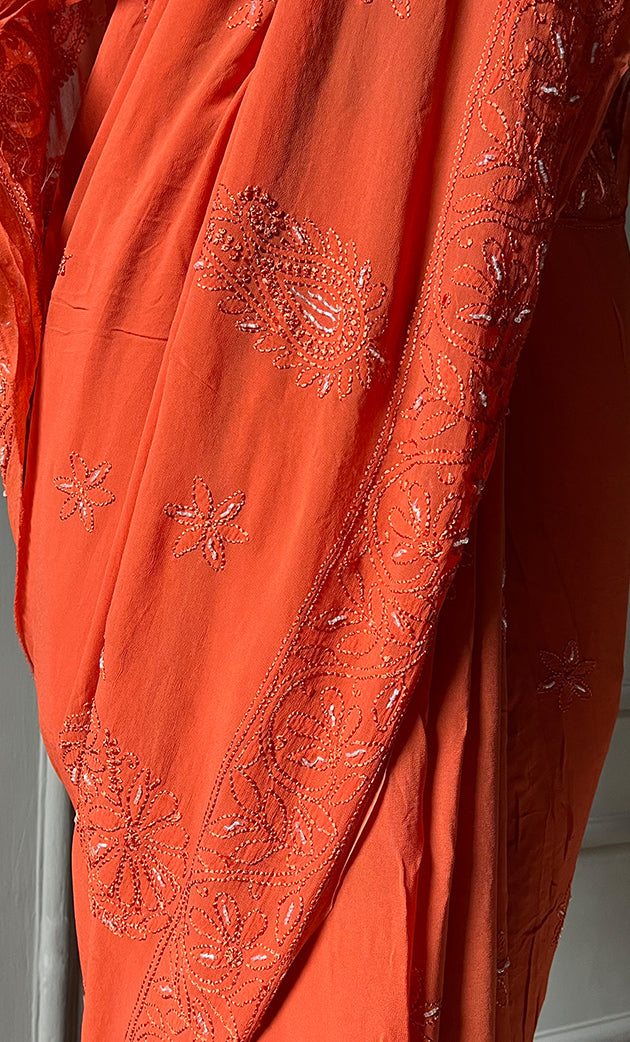 Women's Lakhnavi Handcrafted Viscose Georgette Chikankari Saree - HONC0290058
