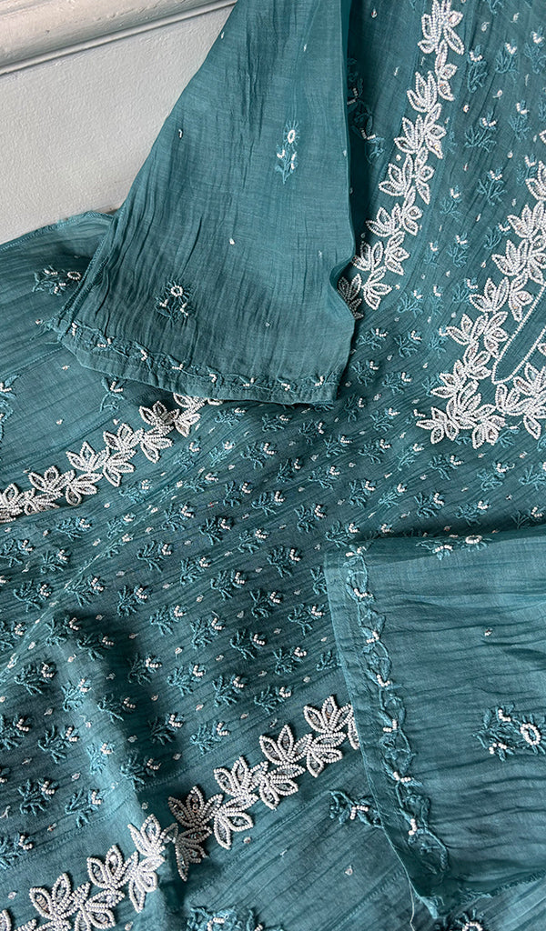 Saziya Women's Lakhnavi Handcrafted Mul Chanderi Semi - stitched Chikankari Full Suit Material - HONC0371115