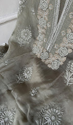 Load image into Gallery viewer, Women's Lakhnavi Handcrafted Pure Organza Chikankari Unstitched Kurta And Dupatta Set- HONC0342712