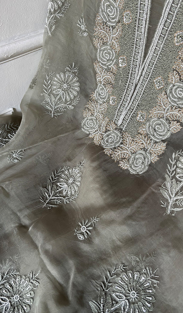 Women's Lakhnavi Handcrafted Pure Organza Chikankari Unstitched Kurta And Dupatta Set- HONC0342712
