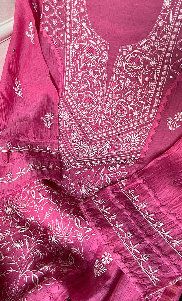 Women's Lakhnavi Handcrafted Mul Chanderi Semi - stitched Kurta And Dupatta Set- HONC0282411