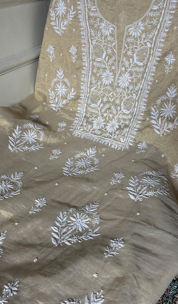 Women's Lakhnavi Handcrafted Tissue Chanderi Unstitched Chikankari Kurta And Dupatta Set - HONC0347707