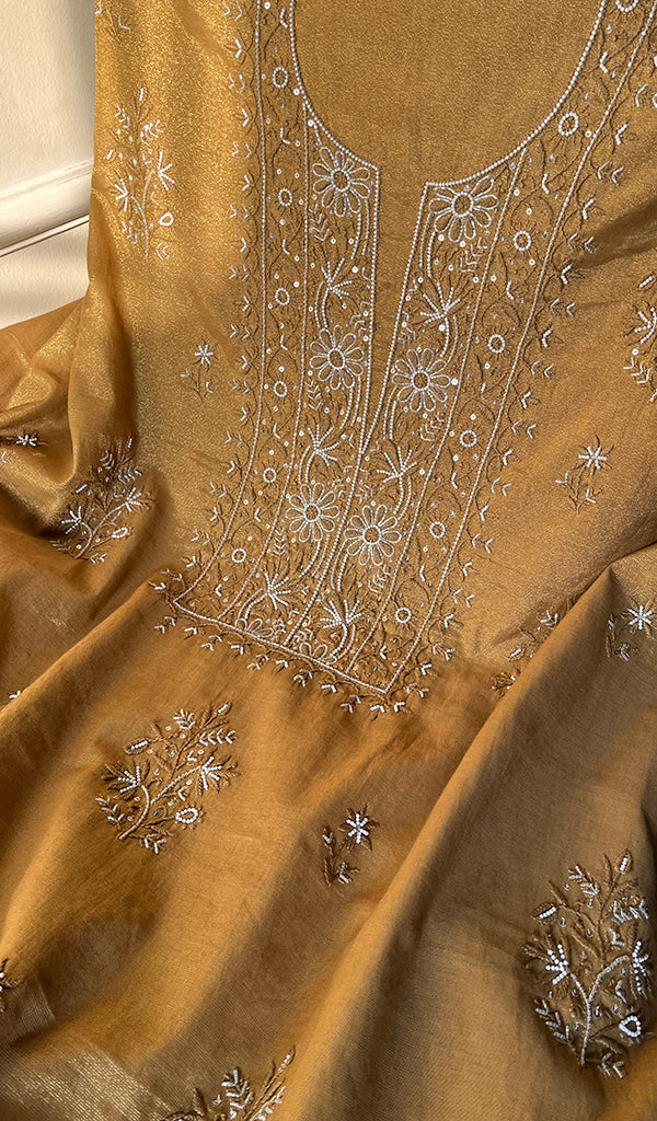 Women's Lakhnavi Handcrafted Tissue Chanderi Chikankari Suit Material - HONC0275990