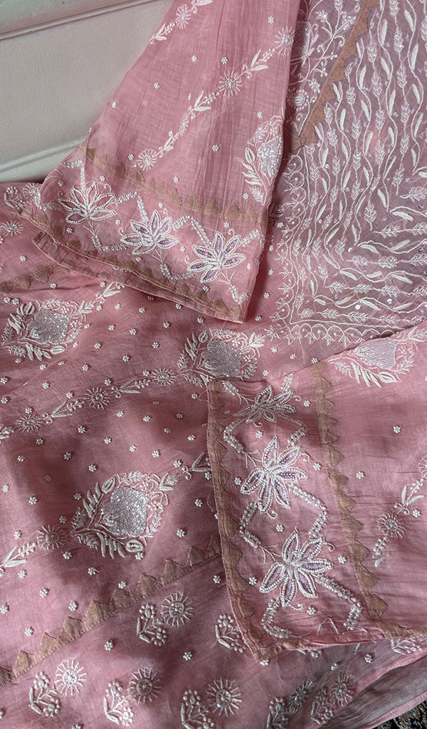 Aarushi Women's Lakhnavi Handcrafted Mul Chanderi Semi - stitched Chikankari Full Suit Material - HONC0330135