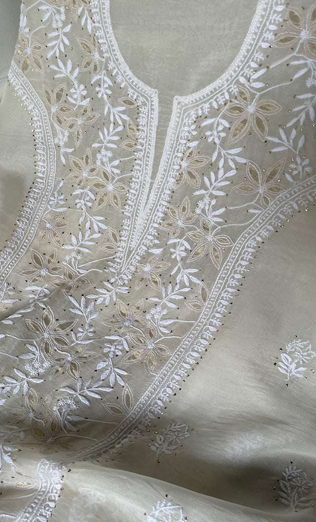 Women's Lakhnavi Handcrafted Pure Organza Chikankari Unstitched Kurta And Dupatta Set- HONC0320499