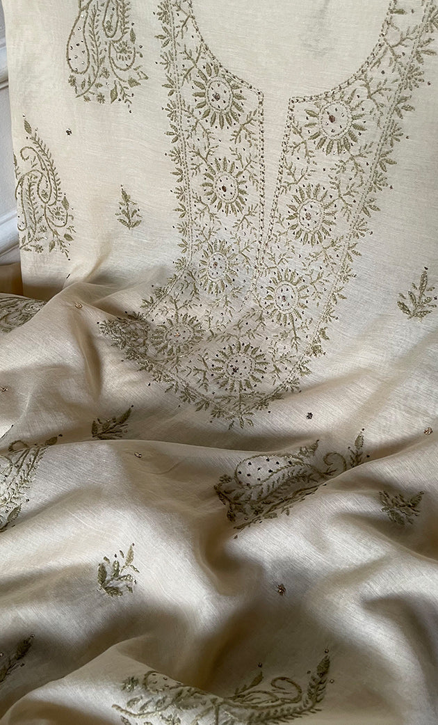 Women's Lakhnavi Handcrafted Mul Chanderi Unstitched Chikankari Full Suit Material - HONC0282287