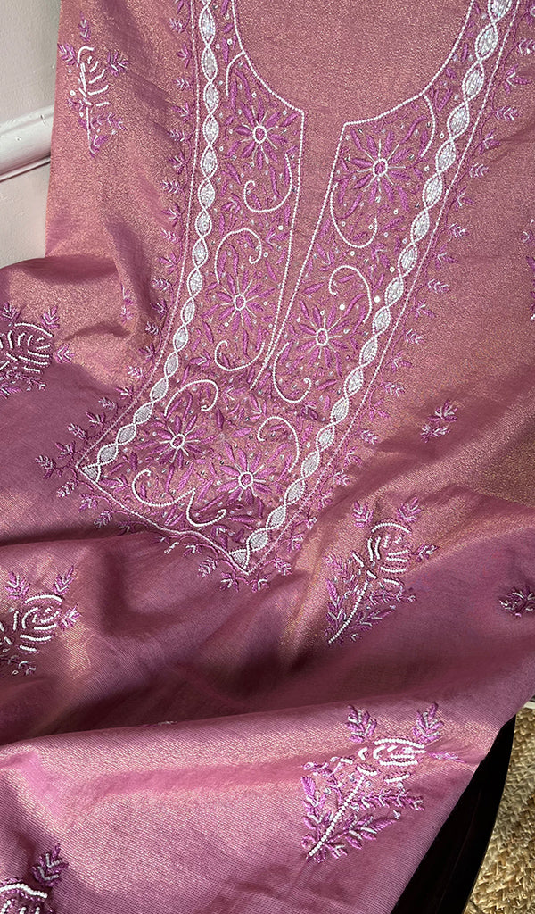 Women's Lakhnavi Handcrafted Tissue Chanderi Chikankari Suit Material - HONC0275988