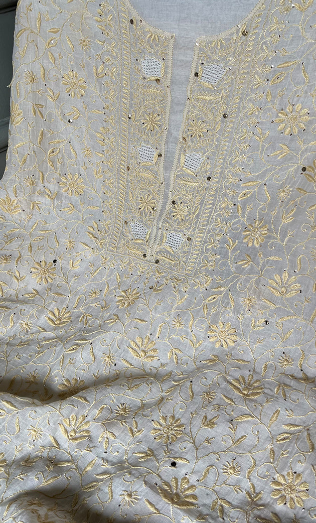 Women's Lakhnavi Handcrafted Mul Chanderi Unstitched Kurta And Dupatta Set- HONC0278949