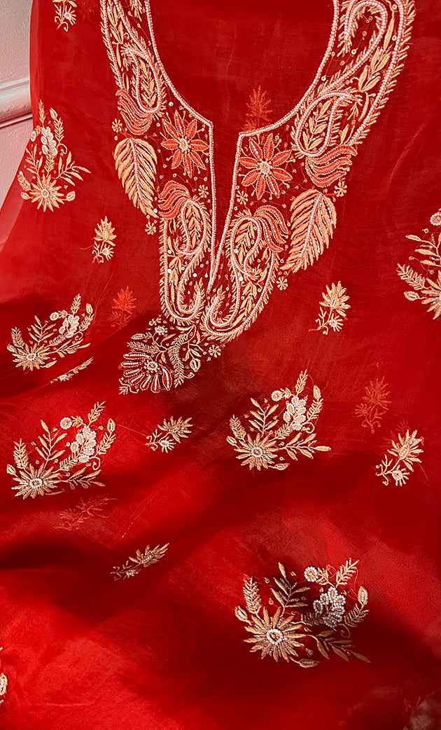 Women's Lakhnavi Handcrafted Pure Organza Chikankari Unstitched Kurta And Dupatta Set- HONC0311711