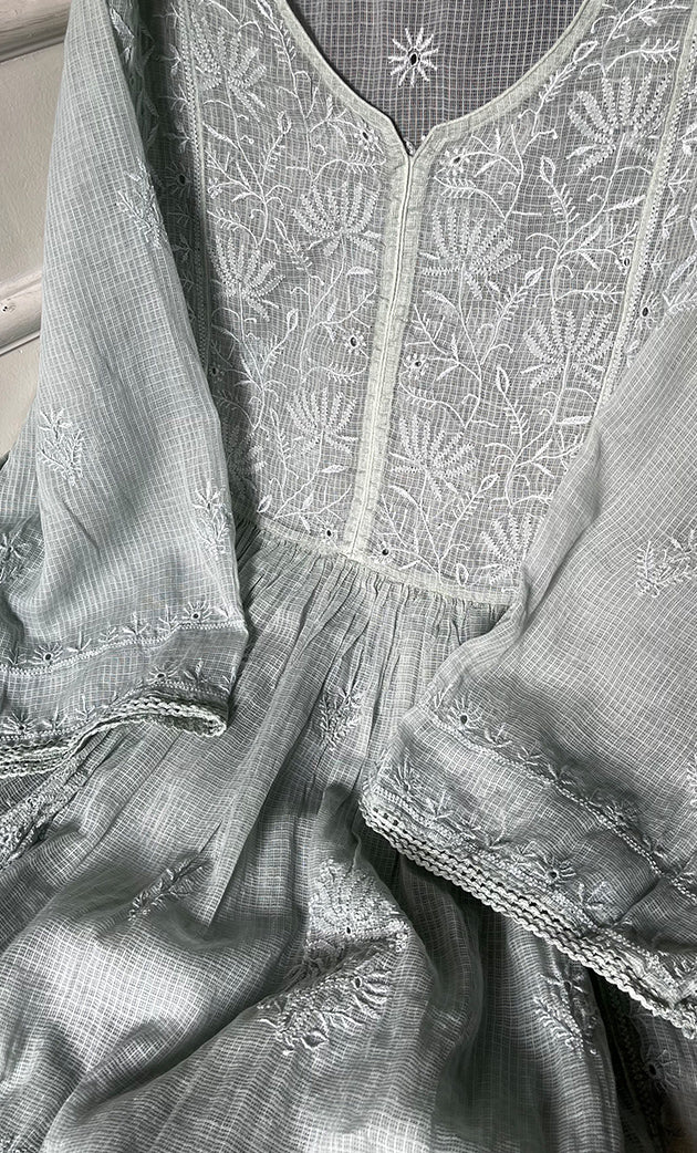 Sehmat Women's Lakhnavi Handcrafted Kota Cotton  Semi -Stitched Kurta And Dupatta Set- HONC0300697