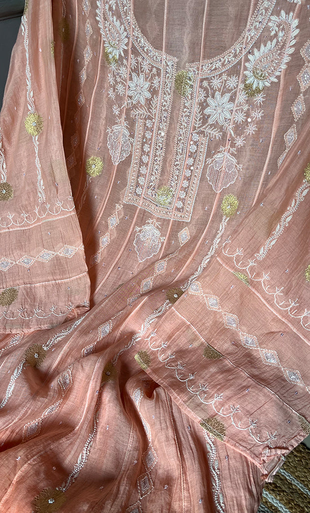 Izna Women's Lakhnavi Handcrafted Mul Chanderi Semi - Stitched Anarkali And Dupatta Set - HONC0302889