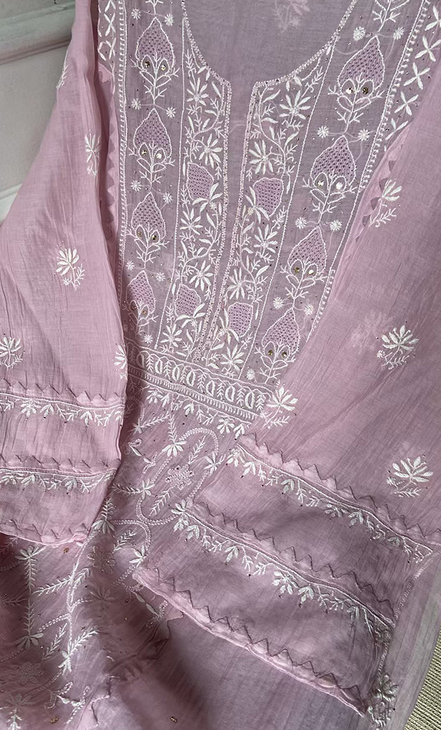 Women's Lakhnavi Handcrafted Mul Chanderi Semi - stitched Kurta And Dupatta Set- HONC0305140