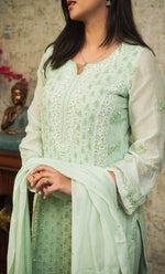 将图像加载到图库查看器中， Women&#39;s Lakhnavi Handcrafted Mul Chanderi Chikankari Stitched Kurta, Dupatta And Pant Set - HONC0321289
