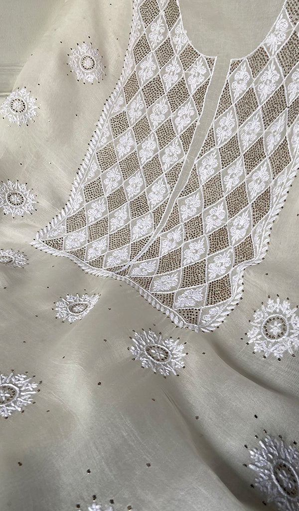 Women's Lakhnavi Handcrafted Pure Organza Chikankari Unstitched Kurta And Dupatta Set- HONC0341955