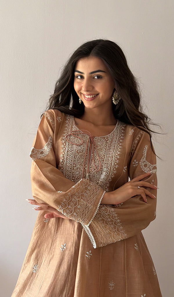 Women's Lucknowi Handcrafted Mul Chanderi Stitched Chikankari Kurta And Plazzo Set- HONC0545444