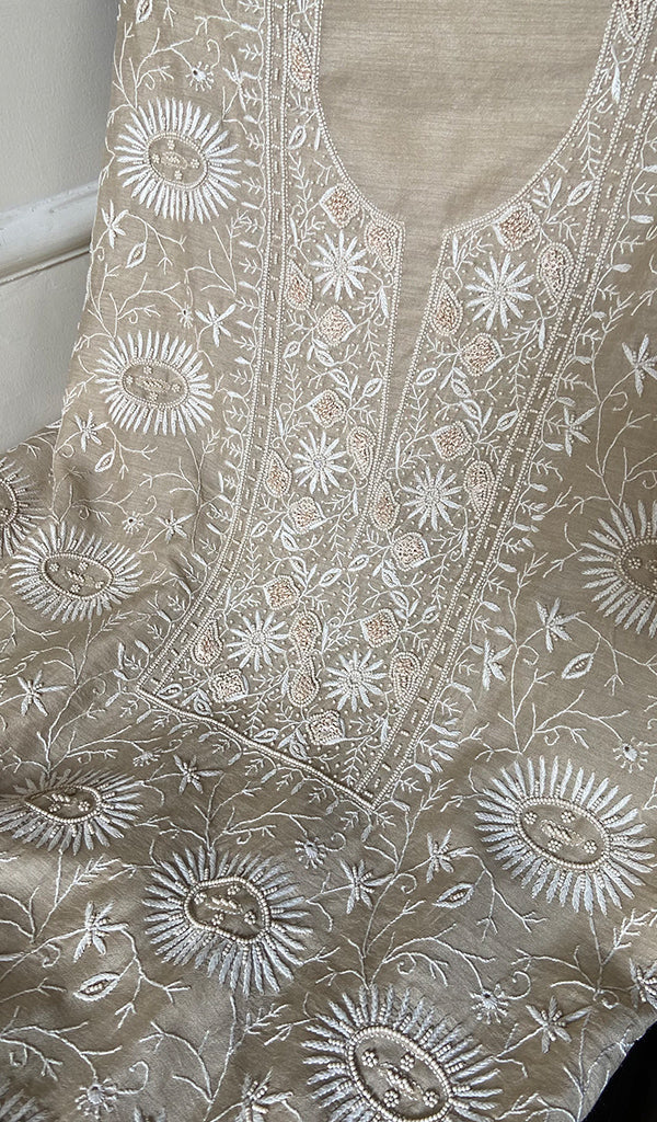 Women's Lakhnavi Handcrafted Munga Silk Chikankari Kurta And Dupatta Set- HONC0273584