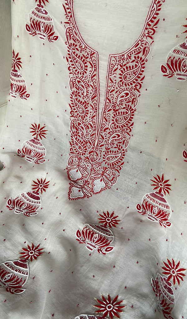 Madiha Women's Lakhnavi Handcrafted Mul Chanderi Unstitched Kurta And Dupatta Set - HONC0365666