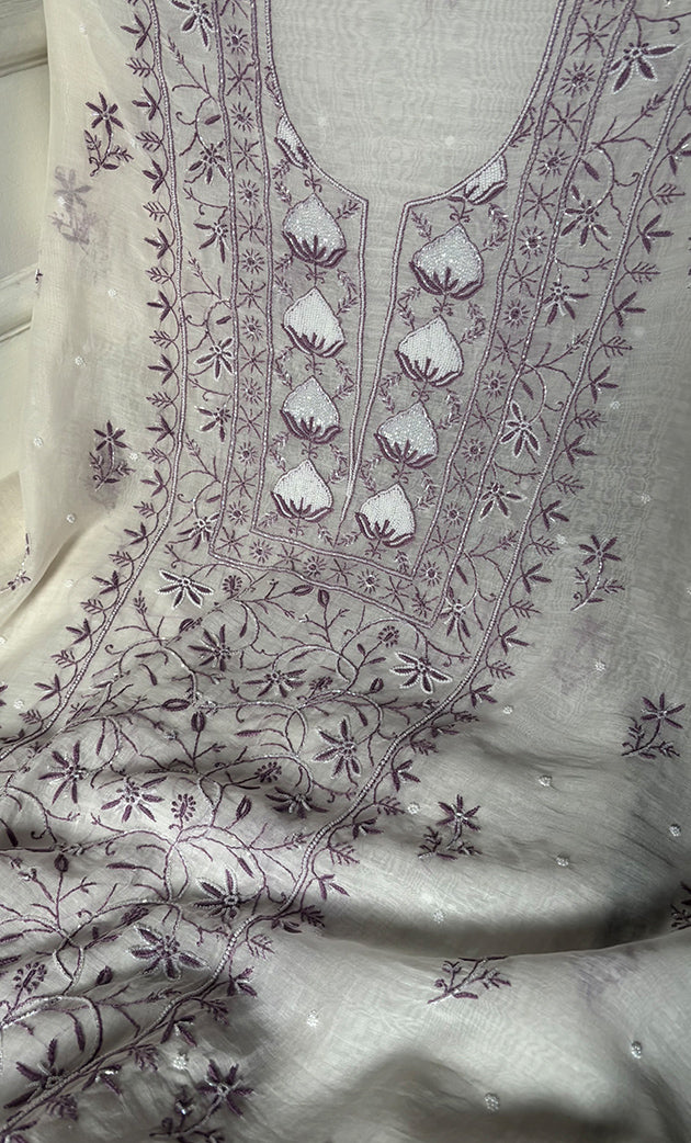 Women's Lakhnavi Handcrafted Unstitched Mul Chanderi Kurta And Dupatta Set - HONC0327489