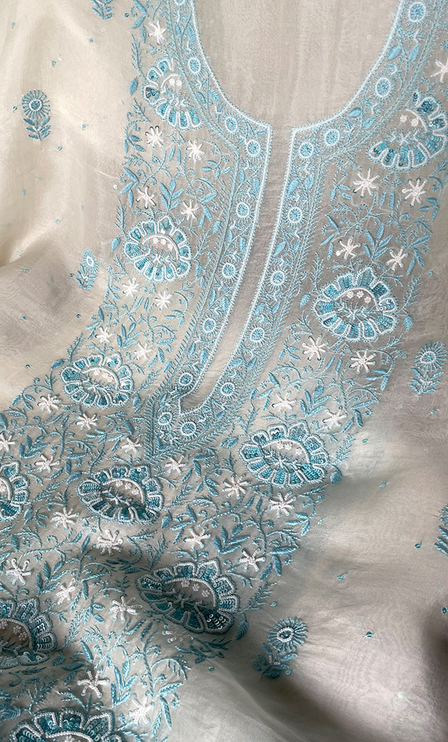 Women's Lakhnavi Handcrafted Pure Organza Chikankari Unstitched Kurta And Dupatta Set- HONC0321293