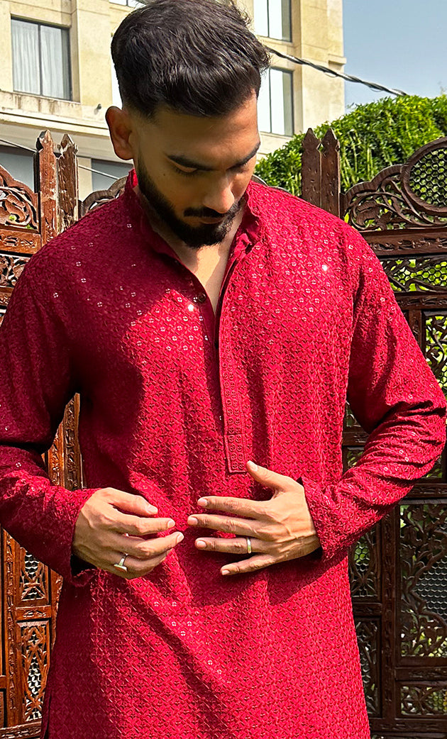 Men's Faux-Georgette Hakoba Kurta - HONC0322897
