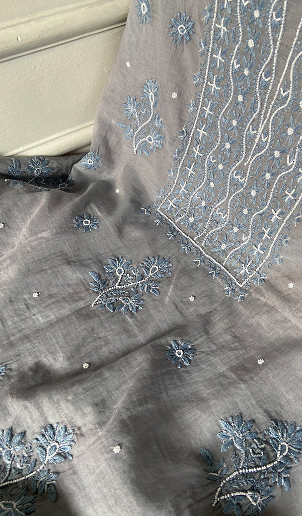 Women's Lakhnavi Handcrafted Mul Chanderi Unstitched Chikankari Full Suit- HONC0354632