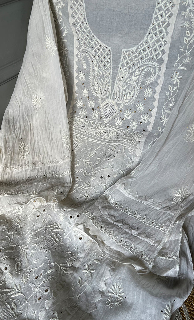 Women's Lakhnavi Handcrafted Mul Chanderi Semi - Stitched Kurta And Dupatta Set - HONC0276198