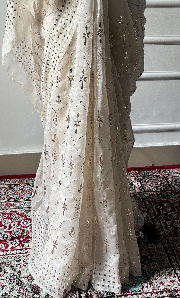 Women's Lucknowi Handcrafted Pure Organza Silk Chikankari Saree - HONC0328518