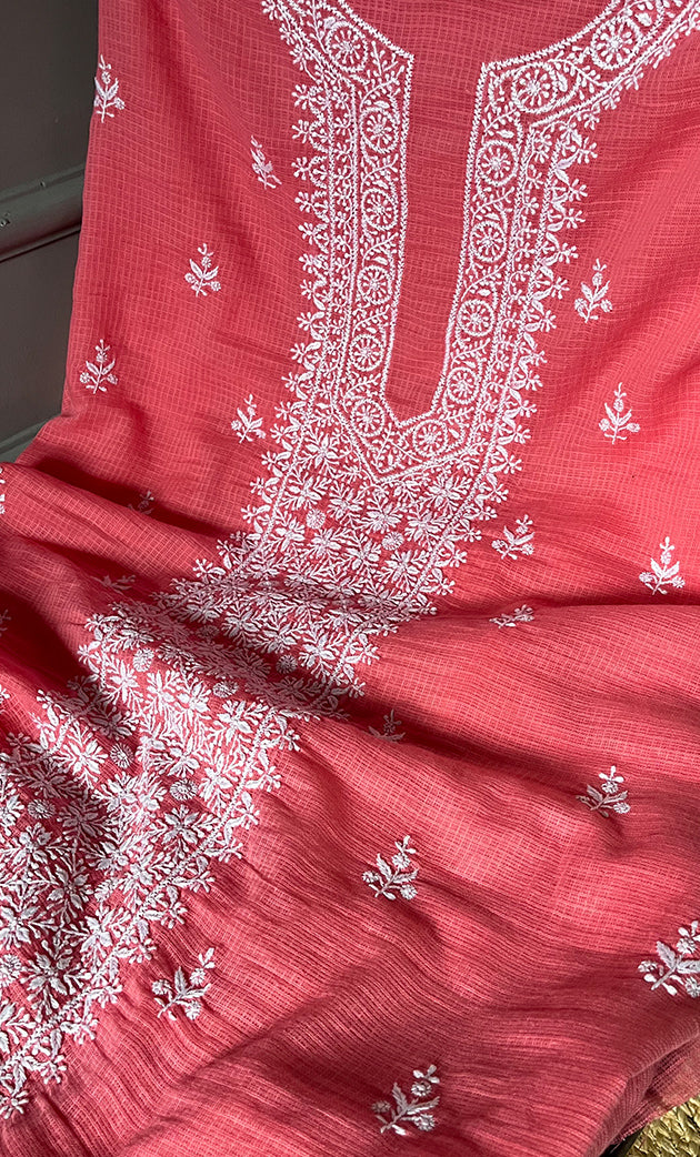Women's Lucknowi Handcrafted Kota Cotton Chikankari Unstitched  Kurta And Dupatta Set - HONC0305970