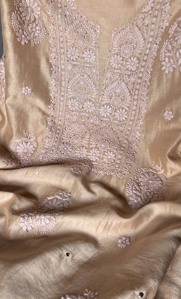 Baseema Women's Lucknowi Handcrafted Chanderi Silk Chikankari Full Suit Material - HONC0290039