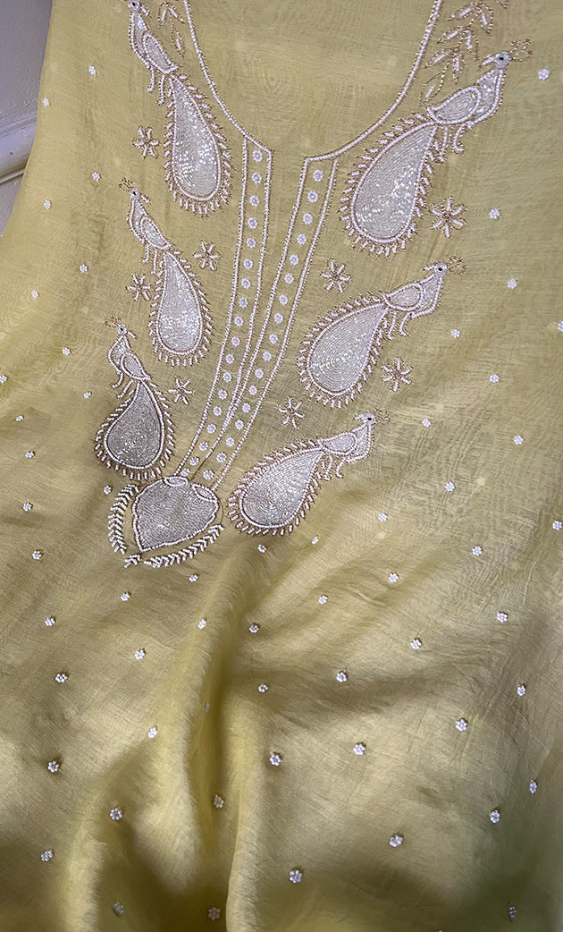 Mor Women's Lakhnavi Handcrafted Mul Chanderi Unstitched Chikankari Full Suit Material - HONC0330320