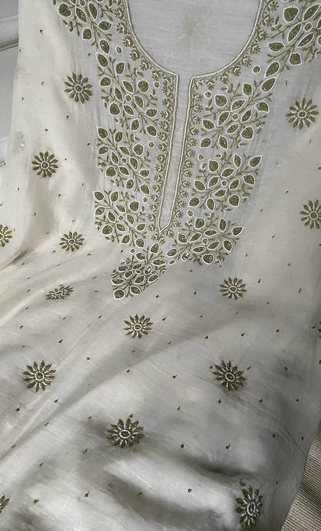 Women's Lakhnavi Handcrafted Mul Chanderi Unstitched Kurta And Dupatta Set- HONC0317816