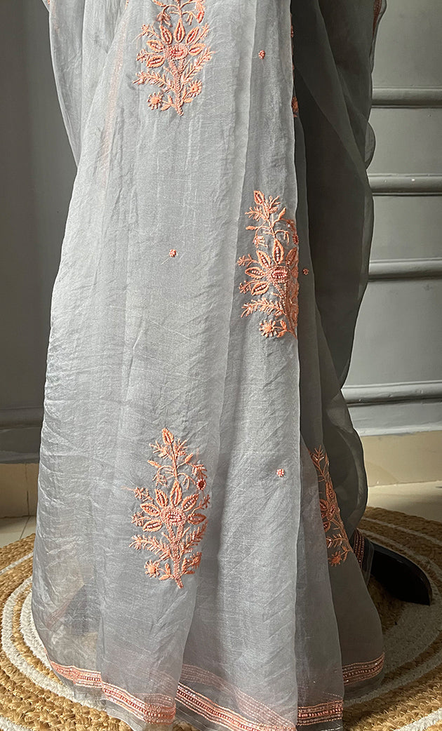 Women's Lucknowi Handcrafted Pure Organza Silk Chikankari Saree - HONC0283196