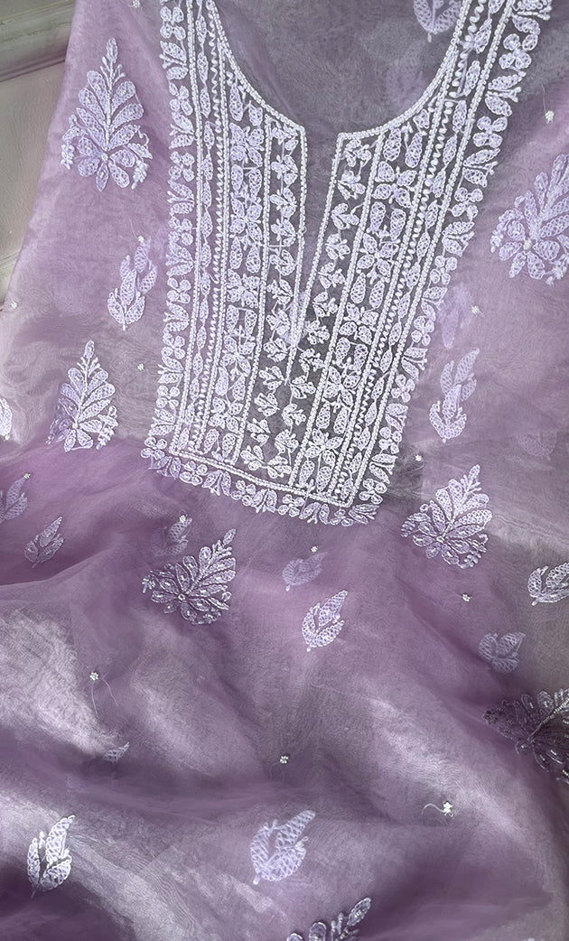 Women's Lakhnavi Handcrafted Organza Chikankari Unstitched Full Suit Material - HONC0287041
