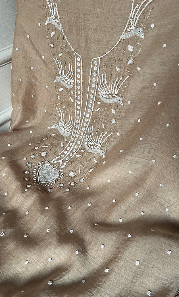 Chidiya Women's Lakhnavi Handcrafted Mul Chanderi Unstitched Chikankari Full Suit Material - HONC0330322