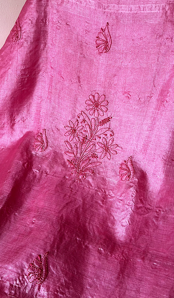 Women's Lakhnavi Handcrafted Tussar Silk Chikankari Unstitched Kurti Fabric - HONC0255933