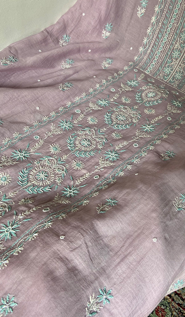 Women's Lakhnavi Handcrafted Mul Chanderi Unstitched Chikankari Full Suit - HONC0371974