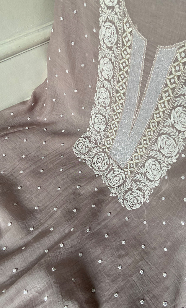 Women's Lakhnavi Handcrafted Unstitchd Mul Chanderi Kurta And Dupatta Set - HONC0338198