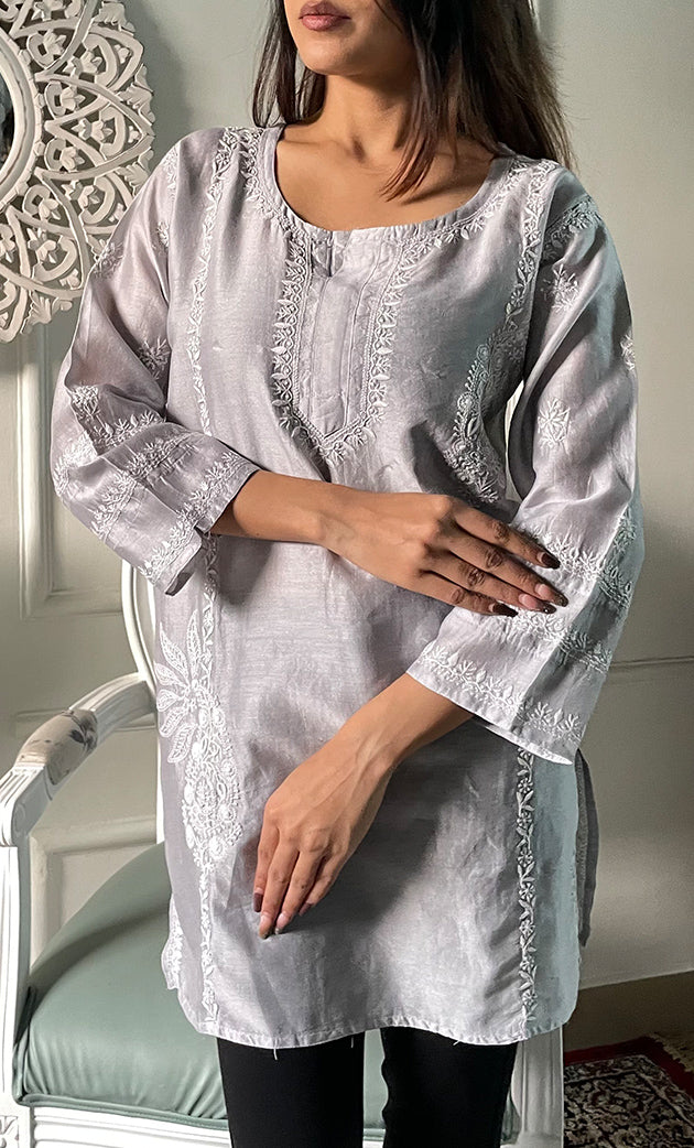 Women's Lakhnavi Handcrafted Mul Chanderi  Chikankari Top - HONC0329107