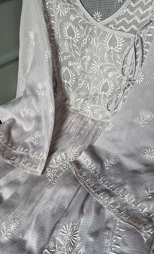 Sehmat Women's Lakhnavi Handcrafted Kota Cotton Semi - Stitched Angrakha And Dupatta Set- HONC0294480