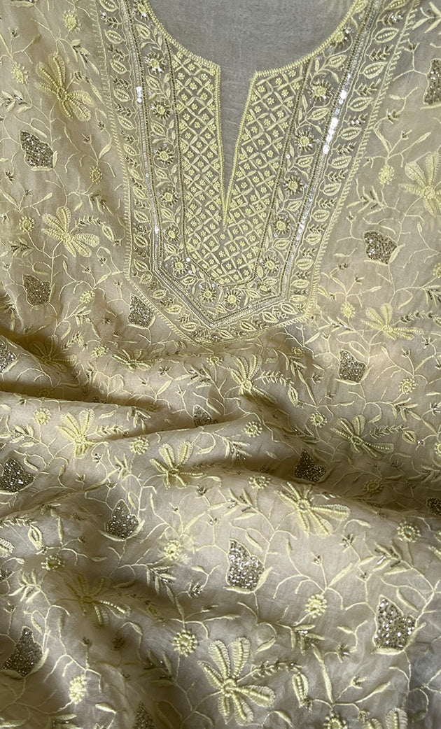 Women's Lakhnavi Handcrafted Pure Organza Chikankari Unstitched Kurta And Dupatta Set- HONC0263886