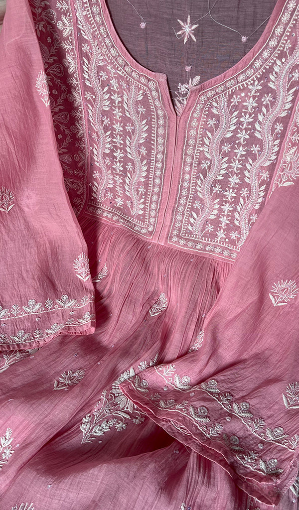 Women's Lakhnavi Handcrafted Mul Chanderi Semi - Stitched Kurta And Dupatta Set - HONC0293253