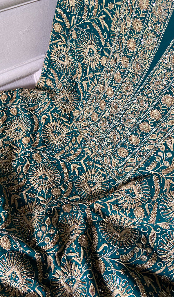 Women's Lakhnavi Handcrafted Pure Silk Georgette Chikankari Kurta And Dupatta Set - HONC0346865