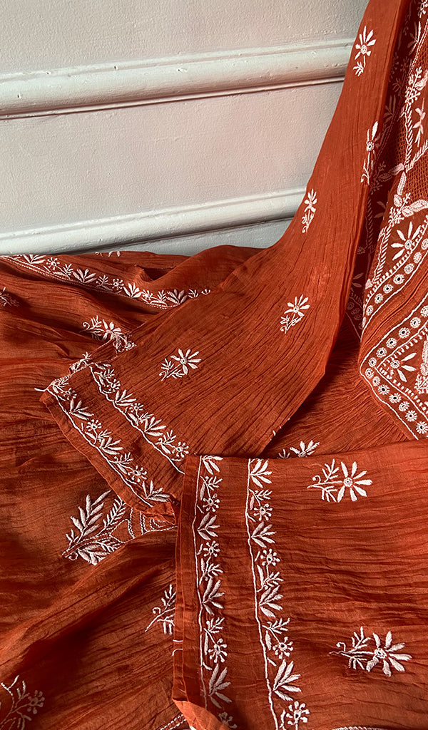 Women's Lakhnavi Handcrafted Mul Chanderi Semi - Stitched Chikankari Full Suit Material - HONC0326280