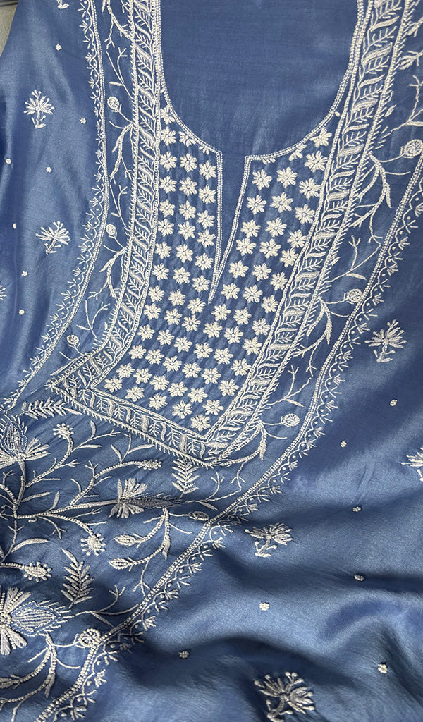 Women's Lucknowi Handcrafted Chanderi Silk Unstitched  Chikankari Full Suit Material - HONC0334684