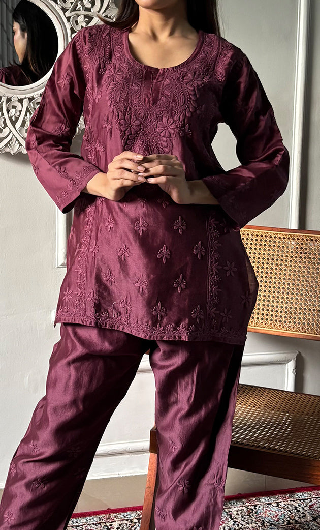 Imara Women's Lakhnavi Handcrafted Chanderi Silk Chikankari Top And Pant Set - HONC0340440