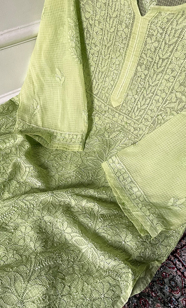 Women's Lucknowi Handcrafted Kota Chanderi Chikankari Semi Stitched Kurta And Dupatta Set - HONC0314214