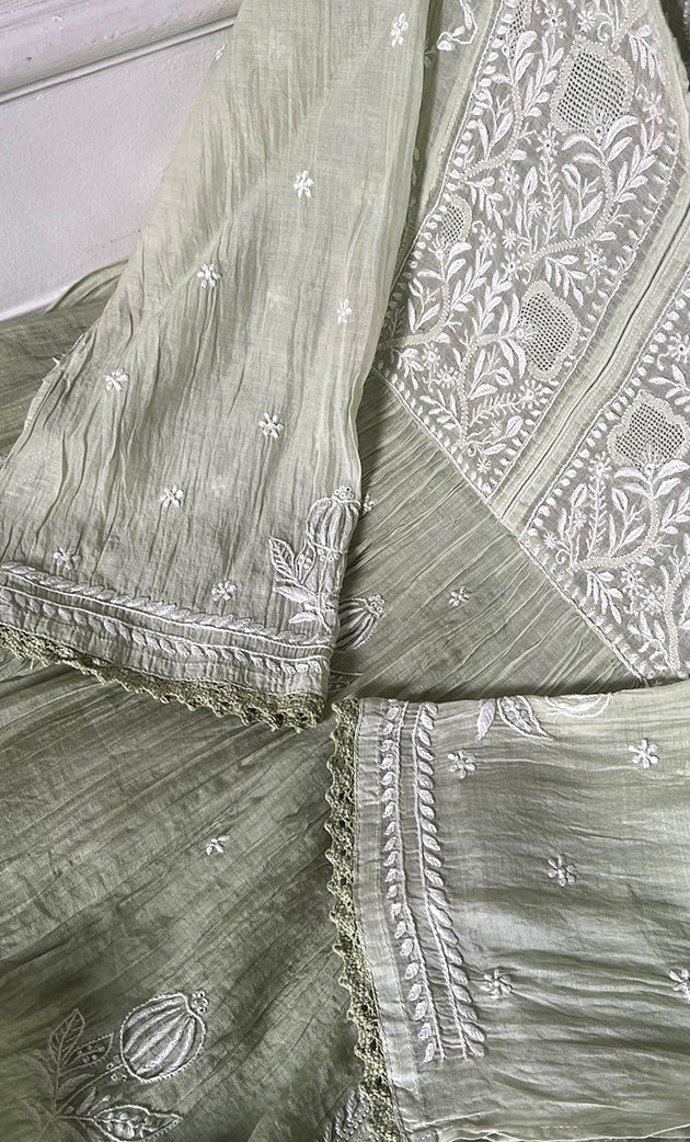 Izana Women's Lakhnavi Handcrafted Mul Chanderi Semi - stitched Chikankari Full Suit Material - HONC0333507